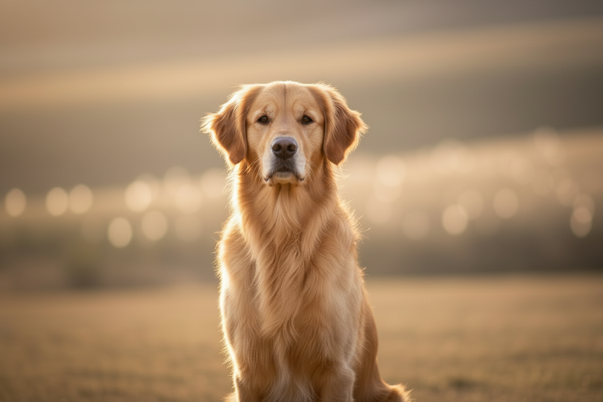 "Golden Retriever assis dans une lumière dorée — L'Essentiel Canin Novaly Pets"