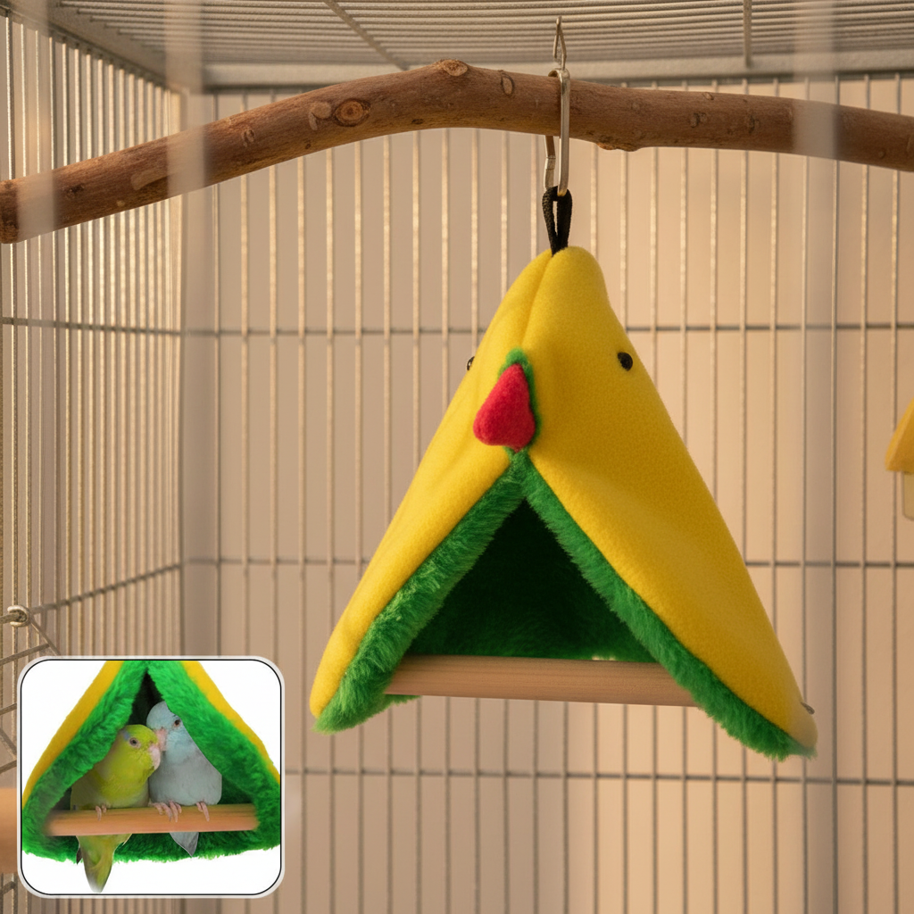 Cabane oiseau gros plan avec vignette perruches