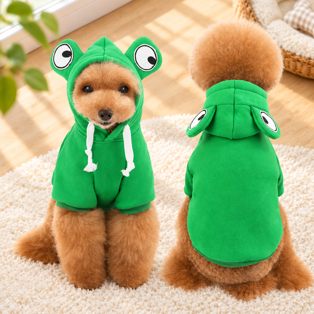 Deux chiens en sweat grenouille vert dans le décor cocooning