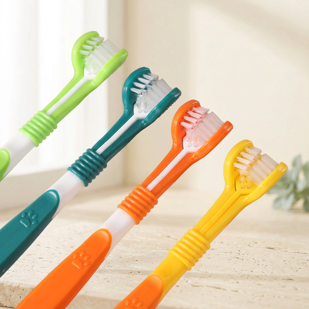Gros plan des quatre brosses Quenott sur fond crème lumineux
