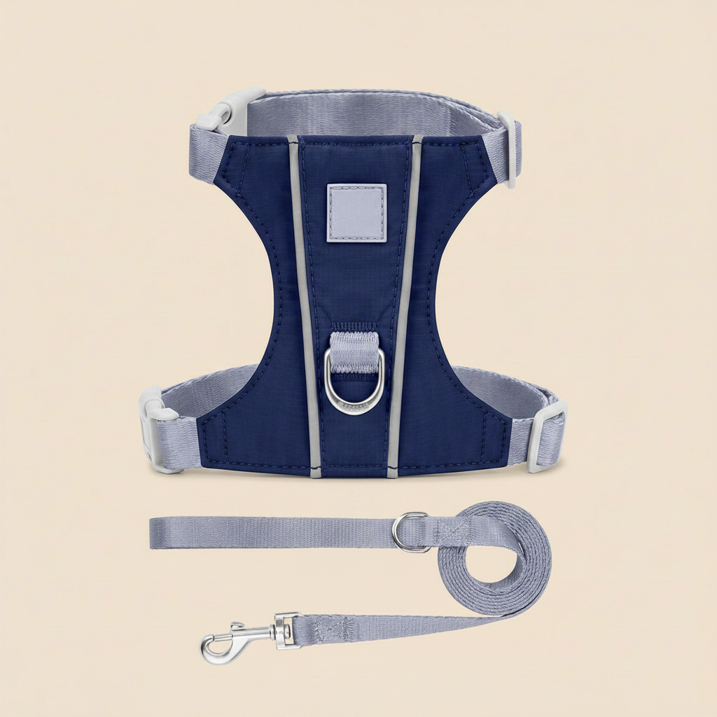 Harnais bleu marine/gris - laisse en dessous fond beige