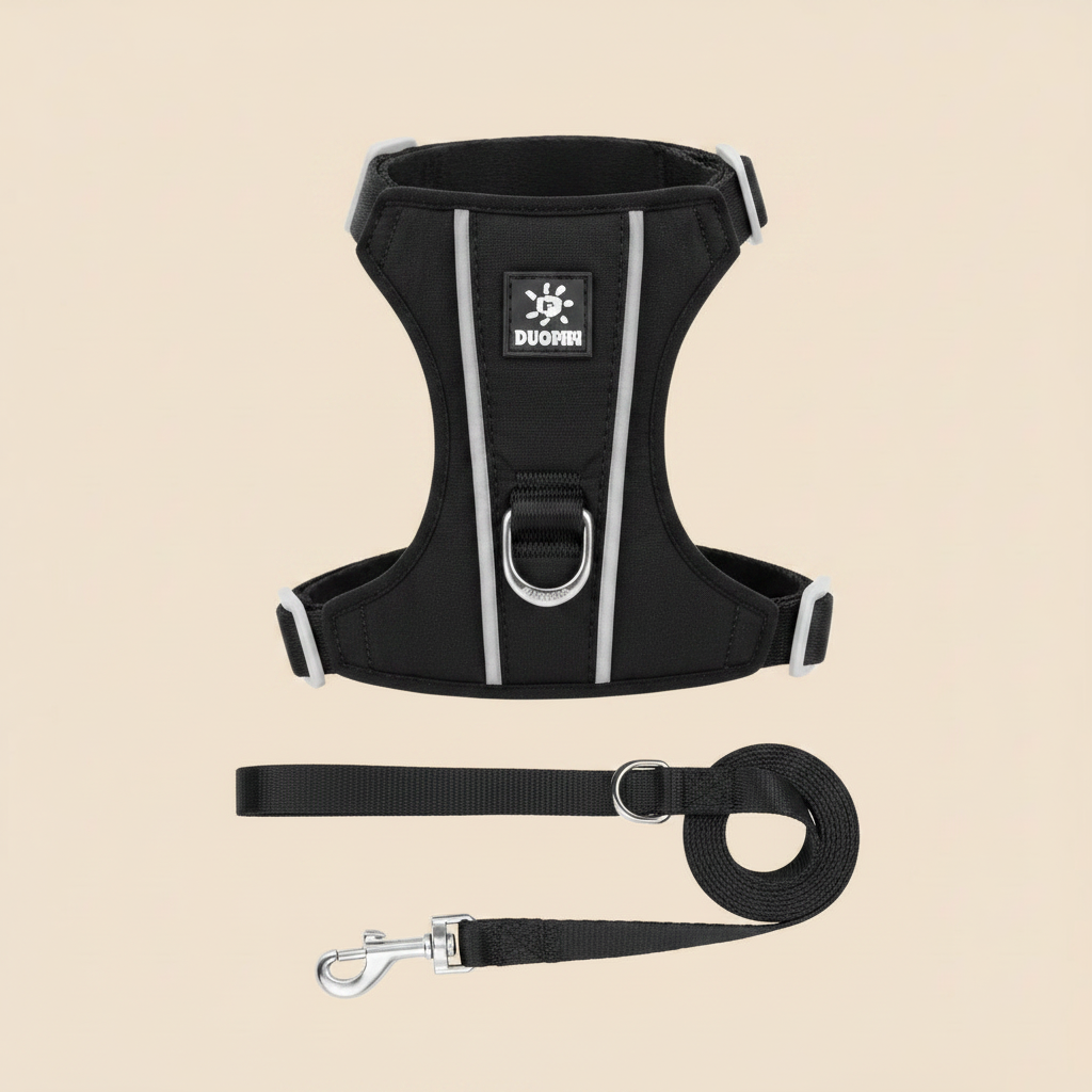 Harnais noir - laisse en dessous fond beige