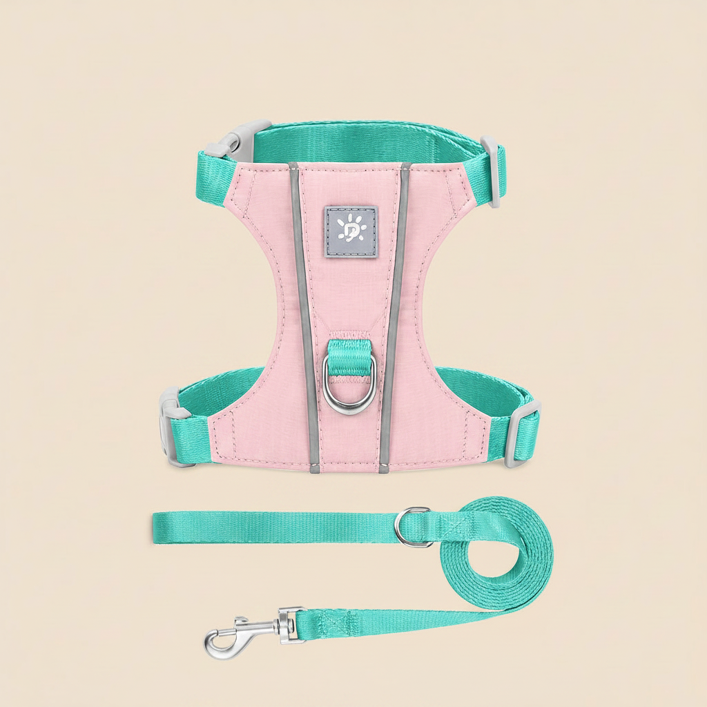 Harnais rose/menthe - laisse en dessous fond beige